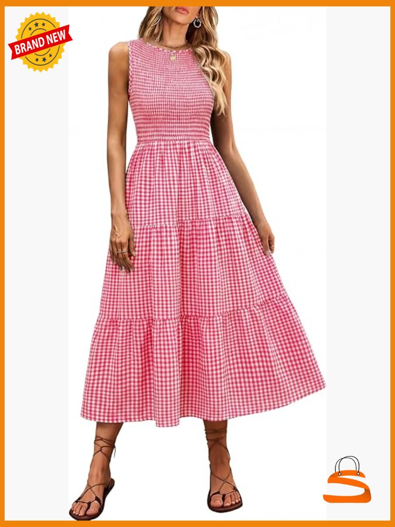 Women's Casual Maxi Dress Sleeveless Crewneck Smocked Flowy Tiered Boho A Line